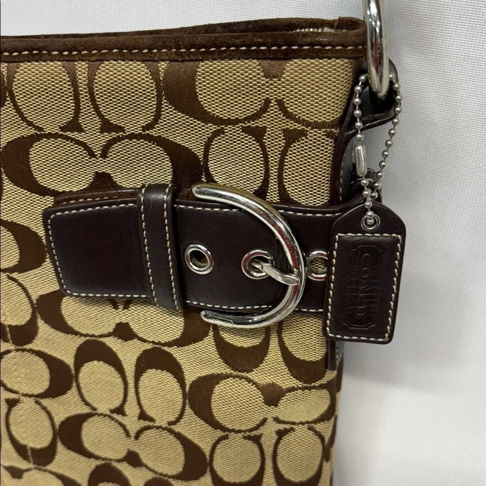 Coach Signature Fabric And Suede Slim Duffle Shoulder Bag Brown Color